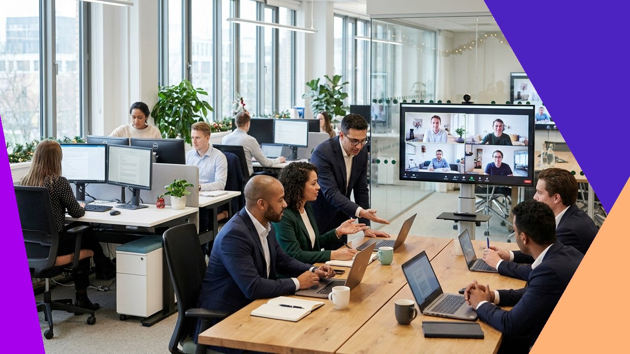 Hybrid team collaborating in office with video conference, preventing burnout and revenue loss.