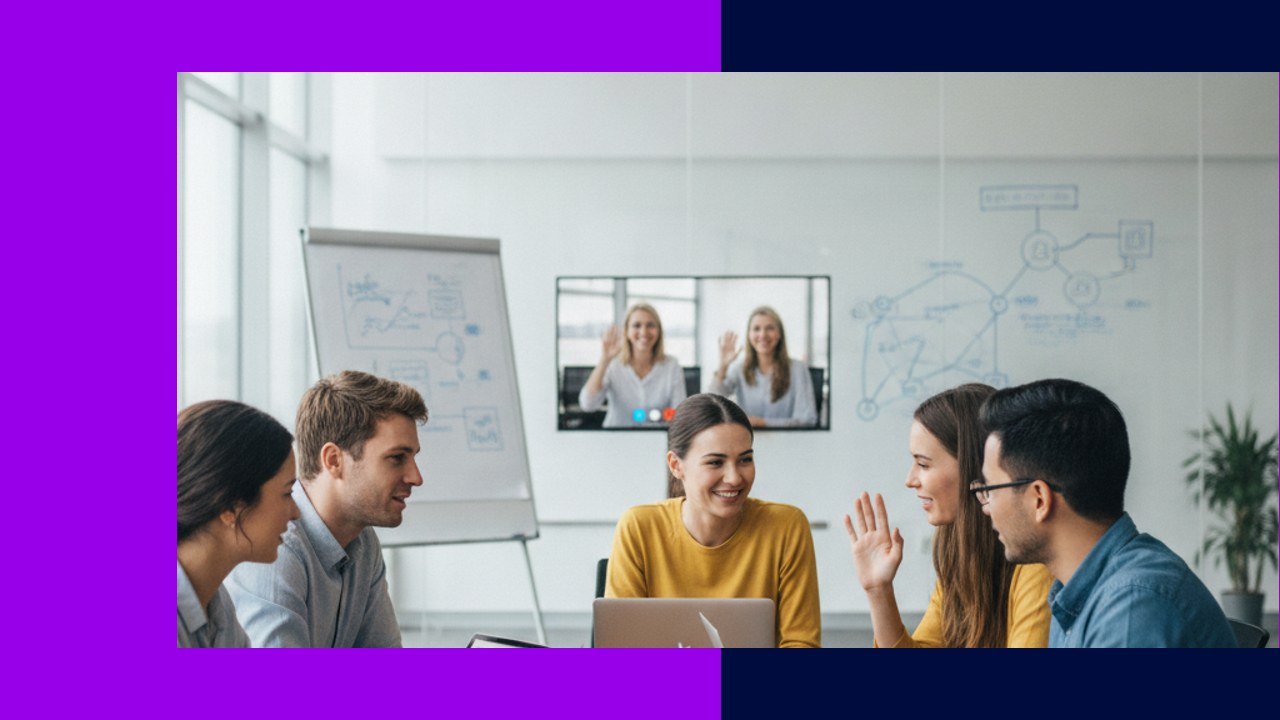 Teams collaborate in a meeting room with video conferencing, discussing H-1B visas vs offshore talent.