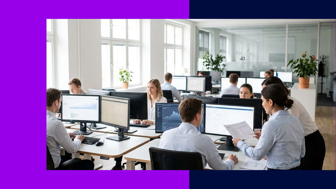Healthcare professionals review financial data on computers, symbolizing revenue cycle management solutions.
