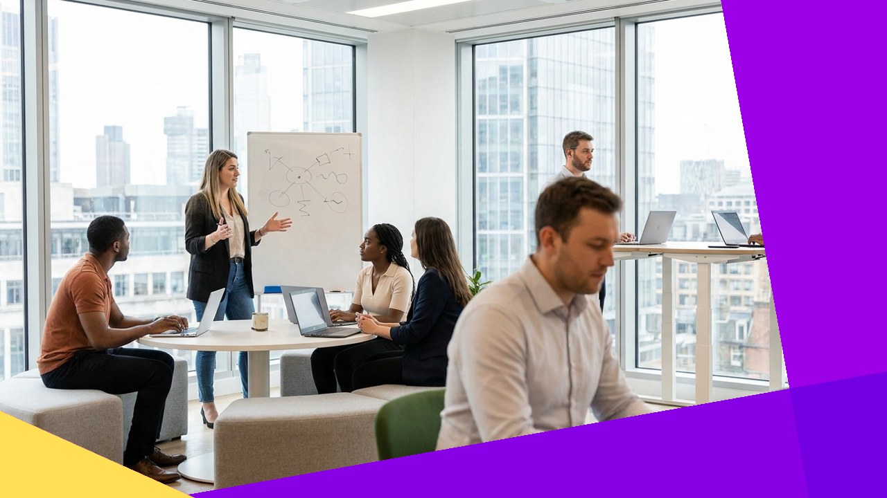 Diverse team collaborates in modern office, rethinking UK entrepreneur team structure 2026.