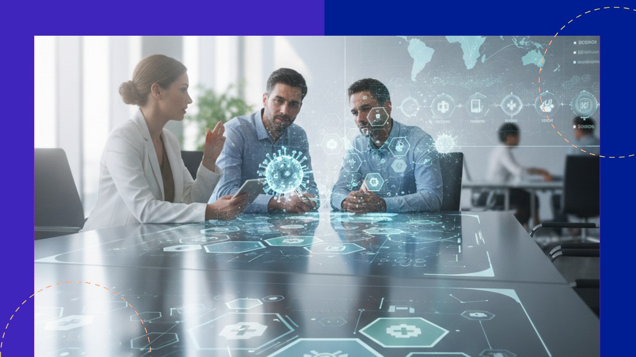 Team discusses blockchain for COVID-19, with virus and medical icons on a digital table.