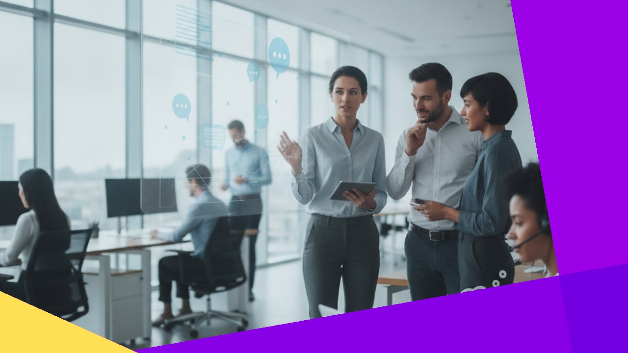 Team collaborating with conversational marketing data overlays, changing how people buy.