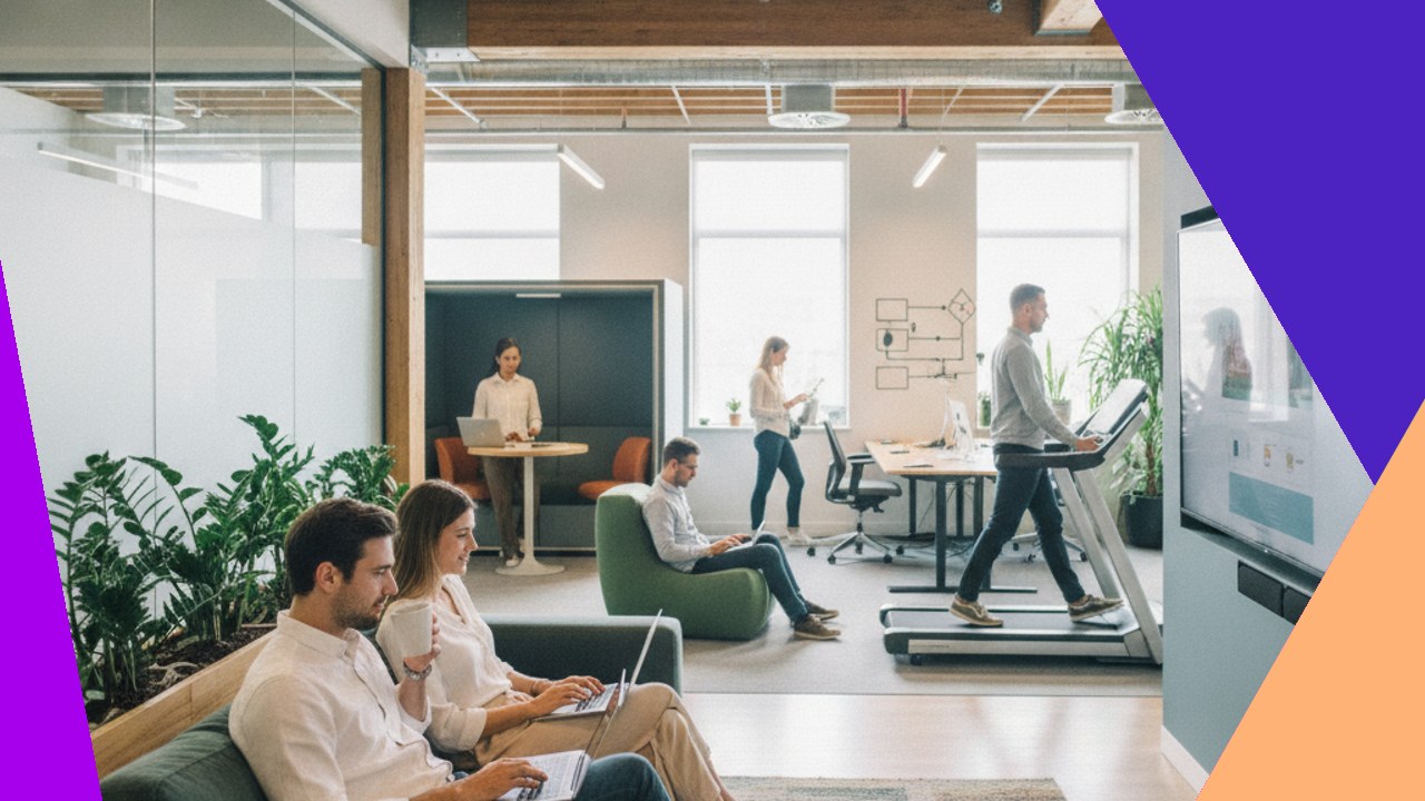 Flexible workspace with people working and exercising, highlighting remote work benefits.