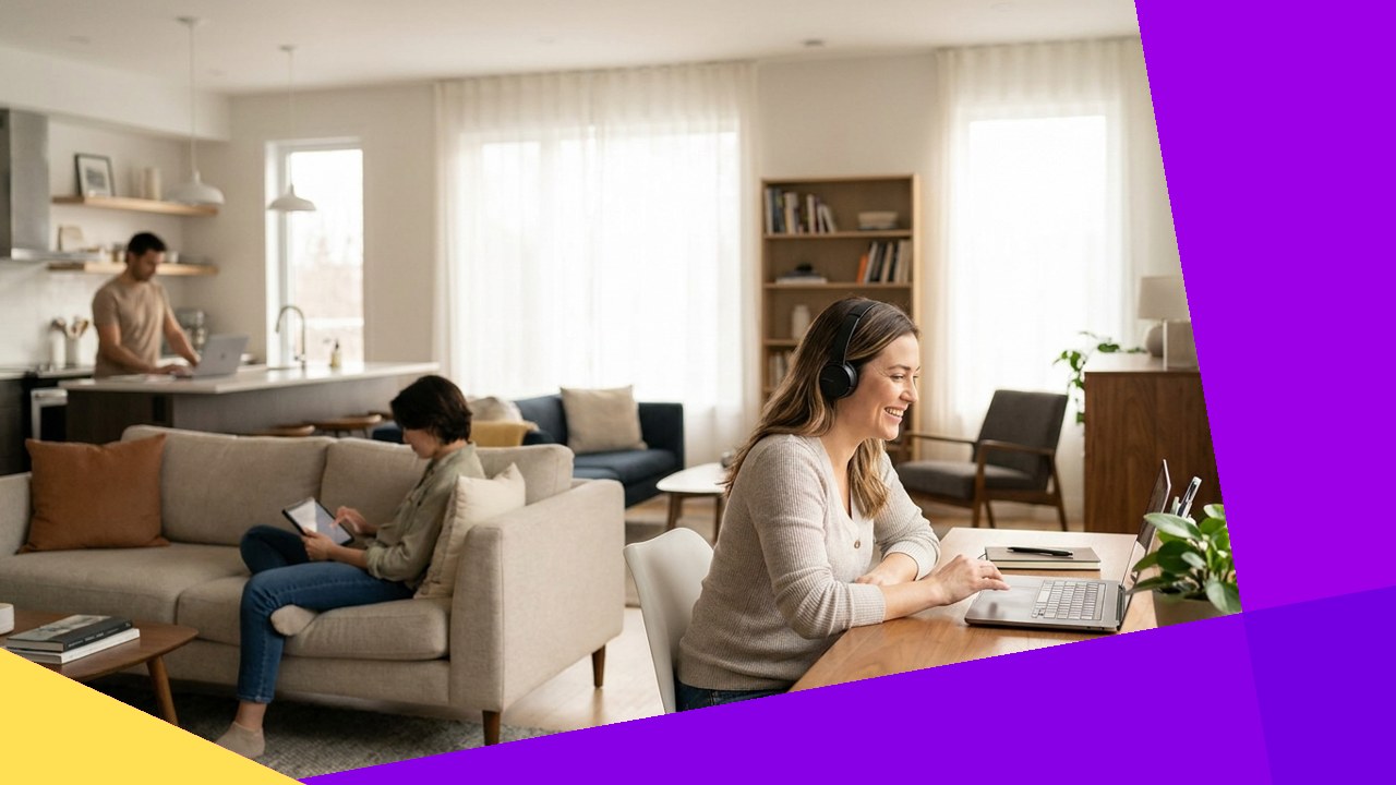 Diverse people working from home in a modern living space, sharing their stories.