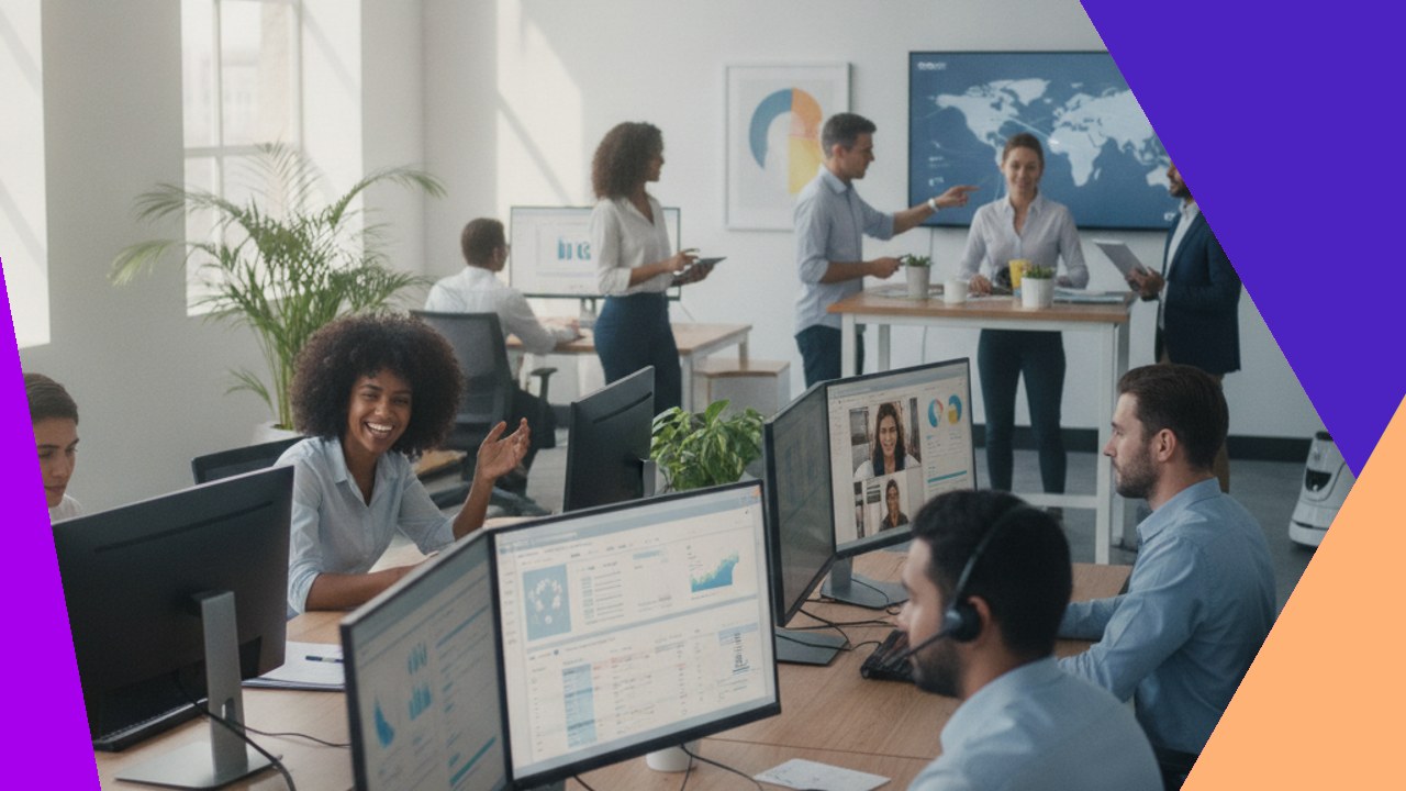 Office workers collaborate on flexible work models, discussing flexshoring trends.