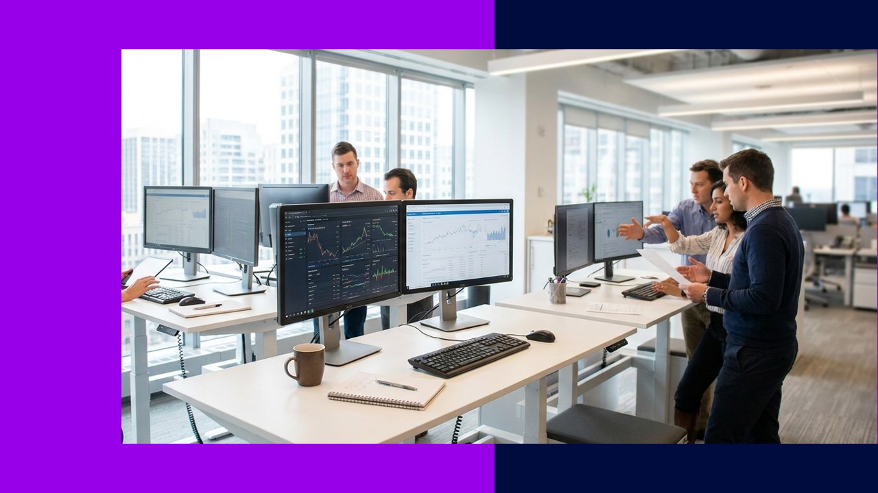 Mortgage lenders increase processing efficiency with data analysis on multiple computer screens.