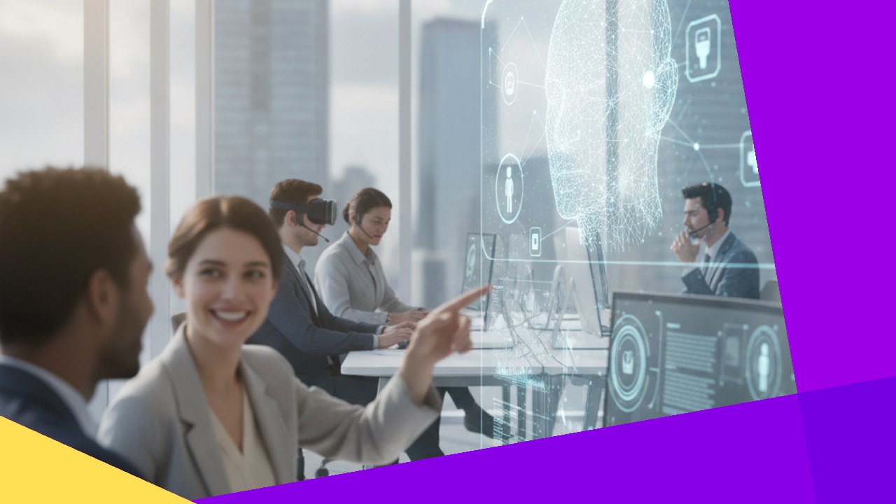 Virtual staffing: VR users and AI interface in modern office, future HIM hiring.