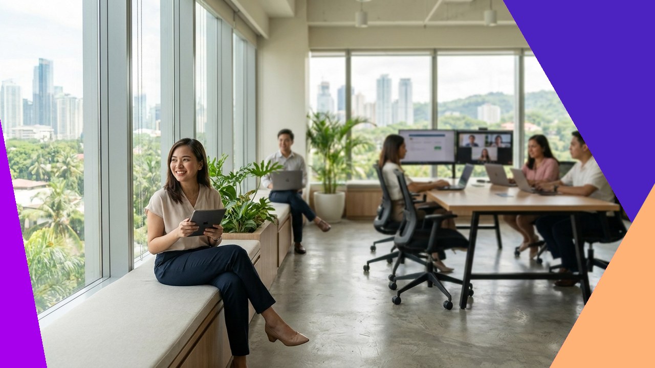 Filipino remote team collaborating in a modern office with city views.