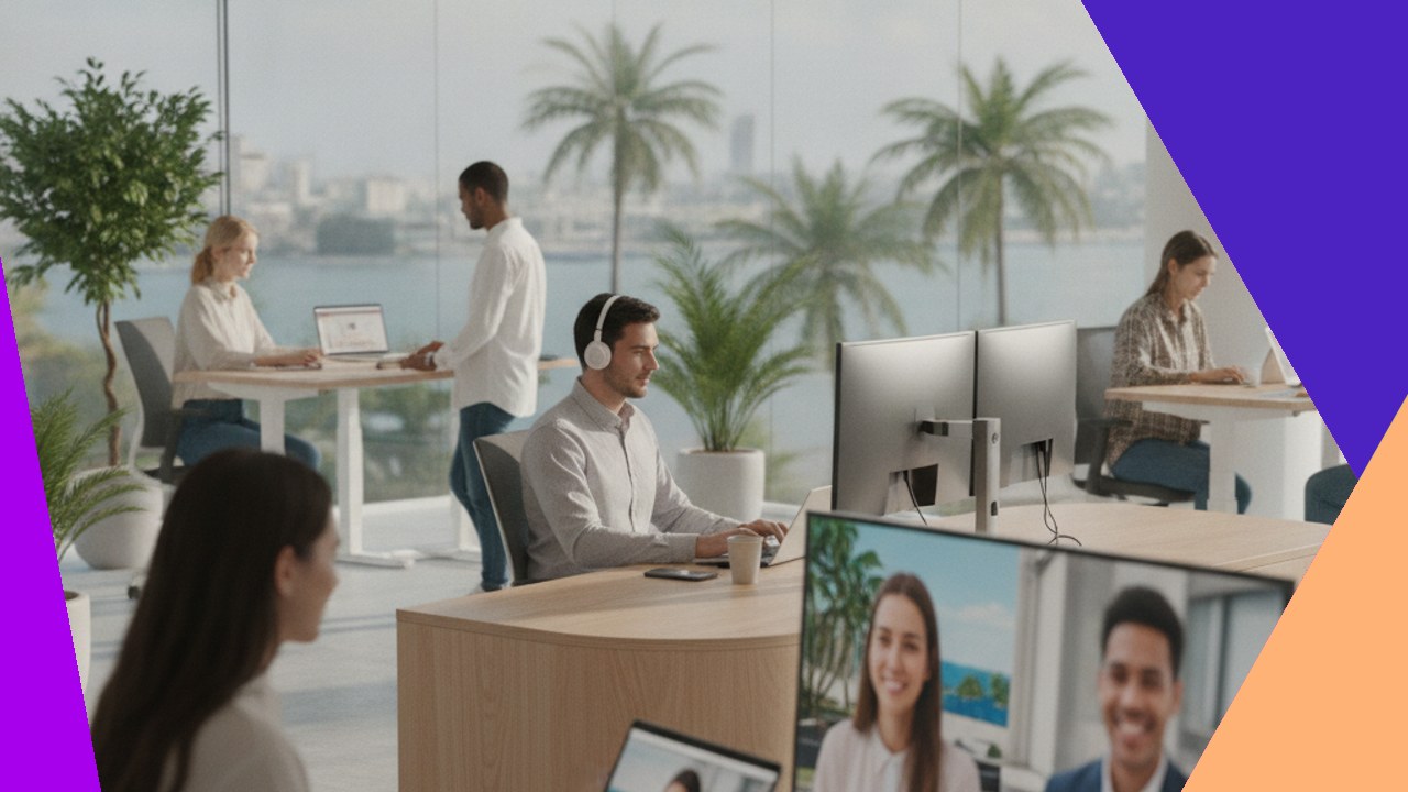 Remote workers collaborating in a bright office with palm trees, hinting at offshore opportunities.