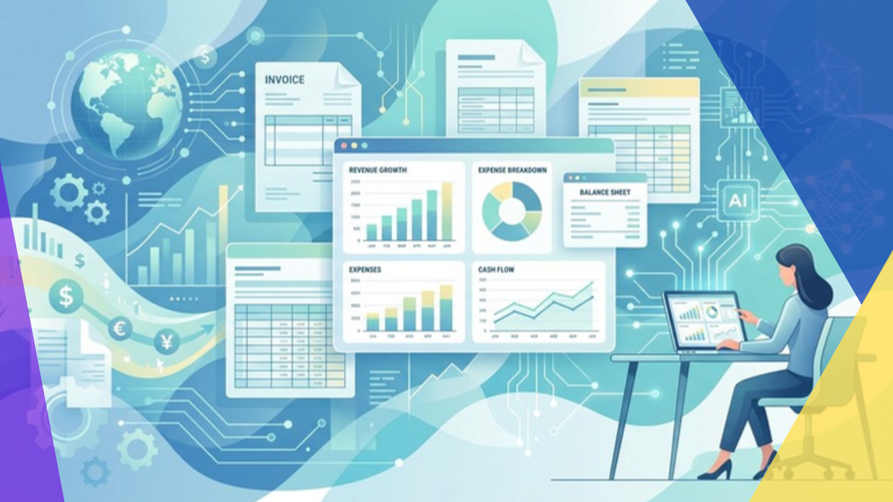 AI bookkeeping dashboard showing invoices, expenses, and financial reports