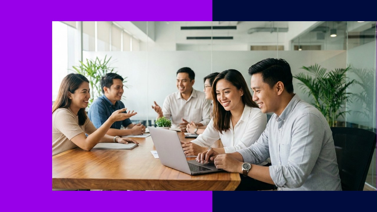Diverse professional team collaborating in a modern office, showing the benefits of outsourcing to the Philippines.