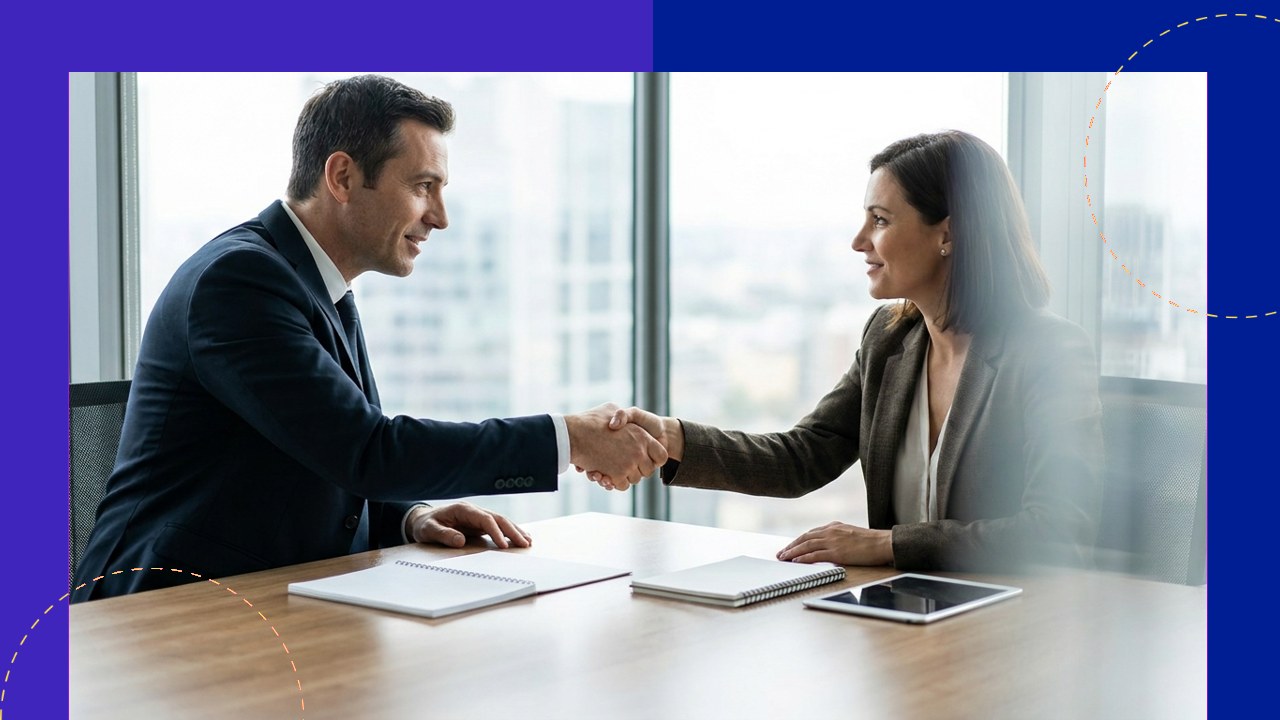 Business professionals shaking hands after a meeting, illustrating how to choose the right outsourcing partner.