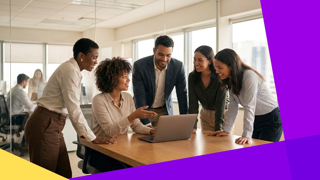 Diverse business team collaborating in a bright modern office, illustrating why growing companies need outsourcing.