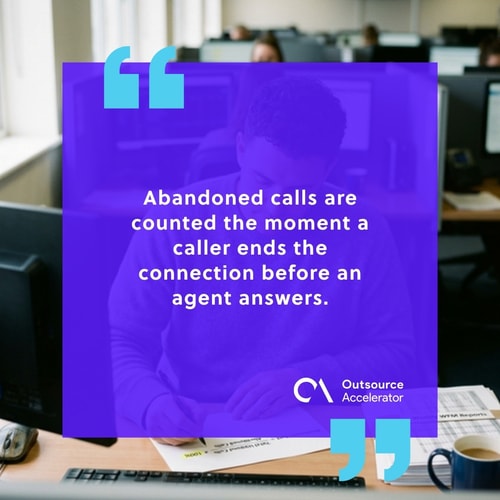 Workforce analyst at a dual-monitor desk drawing the abandonment-rate formula on paper with abandoned calls divided by total inbound calls times 100