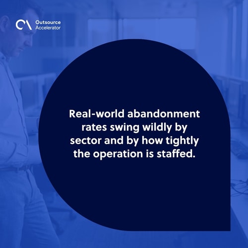 Senior operations lead at the far left of a modern contact-centre floor holding a printed sector-comparison chart of abandonment rates across retail, healthcare, and telecom
