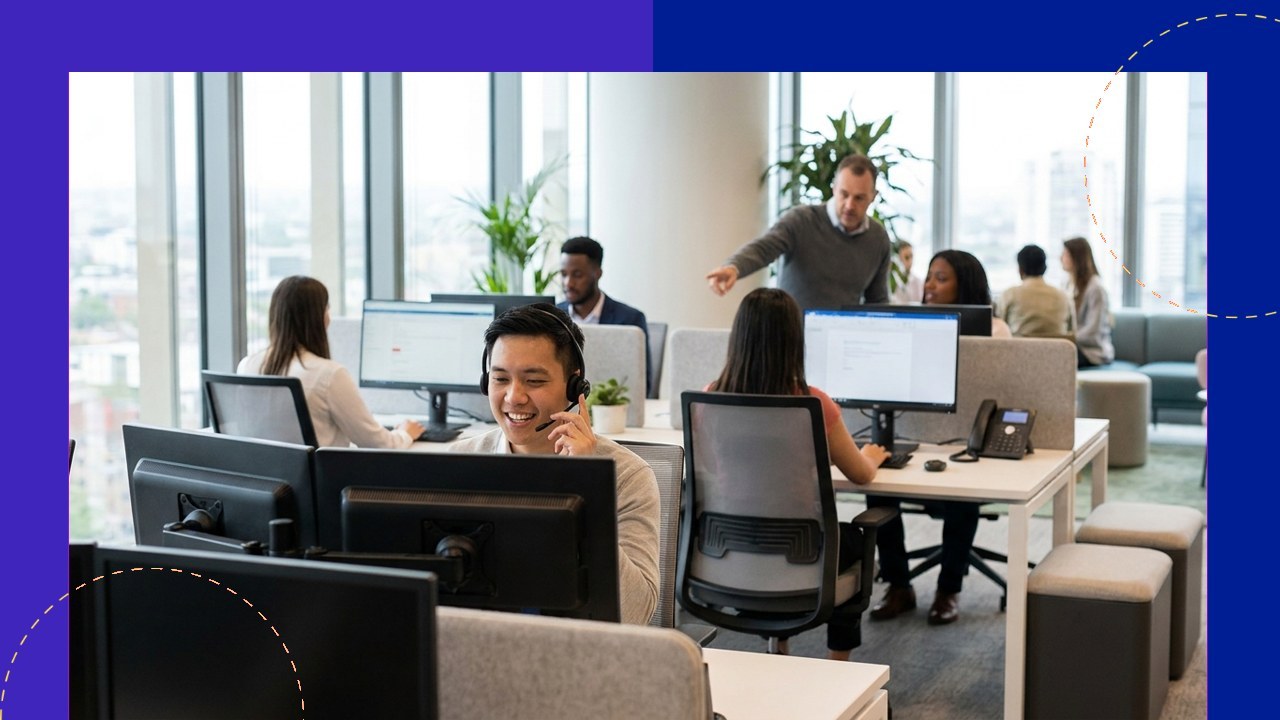 Agent Assist in call centers: Smiling agent with headset, manager overseeing team working at computers