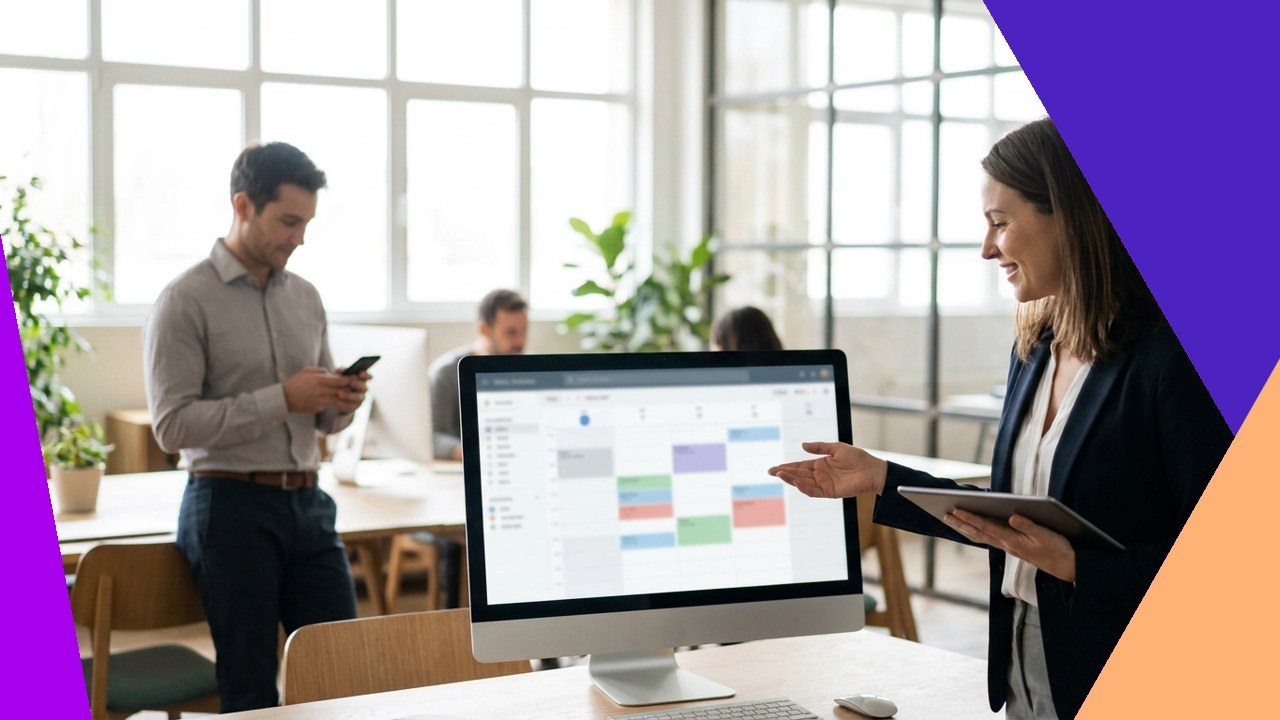 Smart AI appointment scheduling via ChatArm: Colleagues use tech to manage calendar and appointments.