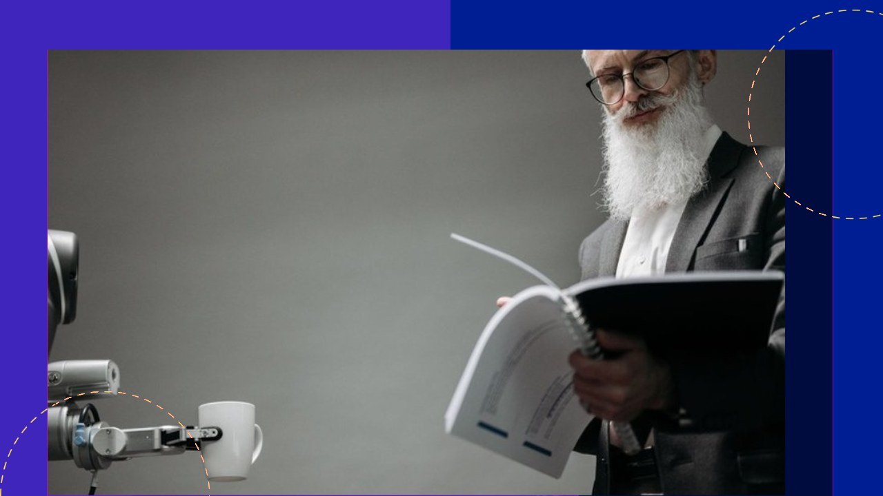 Robot arm offers mug to man reading, illustrating AI-driven process automation in US.