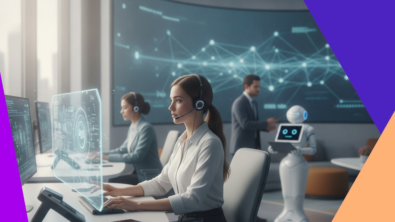 Call center agents interact with AI and a robot, showcasing AI benefits in customer service.