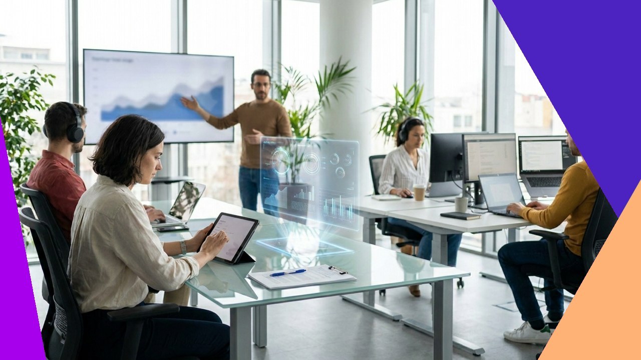 Team analyzing AI data in office; future of AI content marketing