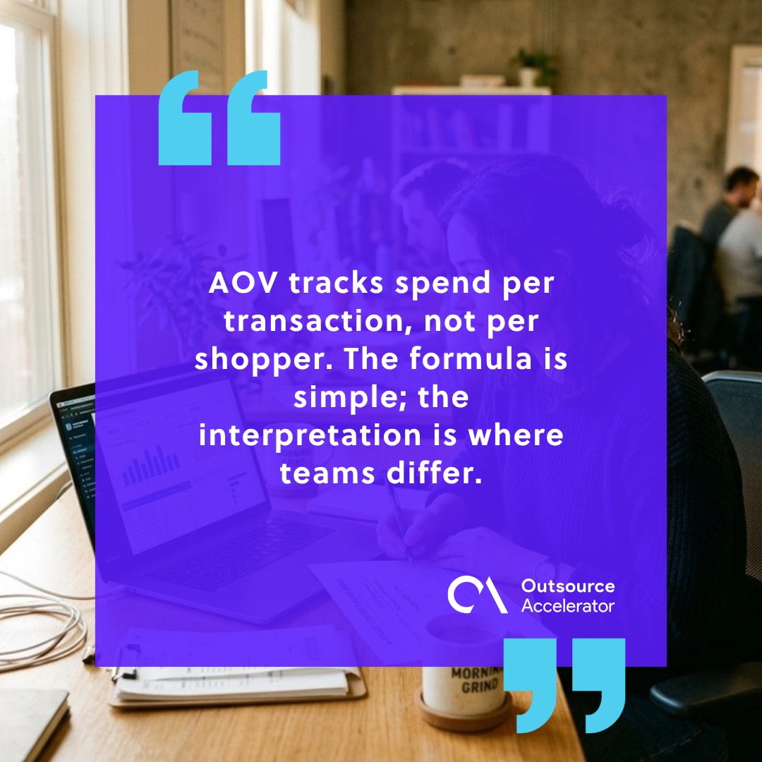AOV (average order value) - analyst studying a per-transaction revenue dashboard on a laptop next to printed AOV formula notes on a warm morning desk.
