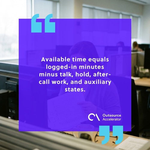Workforce analyst at a dual-monitor desk reviewing an availability-time formula on a printed timesheet