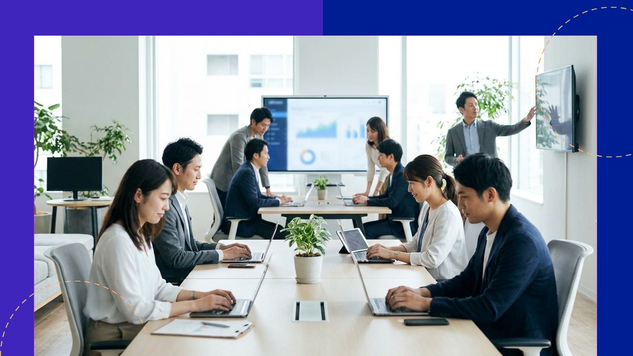 Team in a meeting using laptops around a table with a digital display, benefiting insurance business automated policy ma