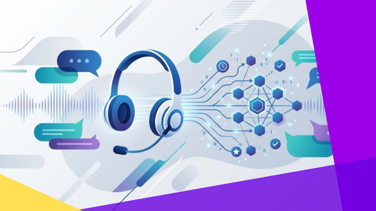 Illustration of AI call center tools linking a support headset to neural network and soundwave shapes