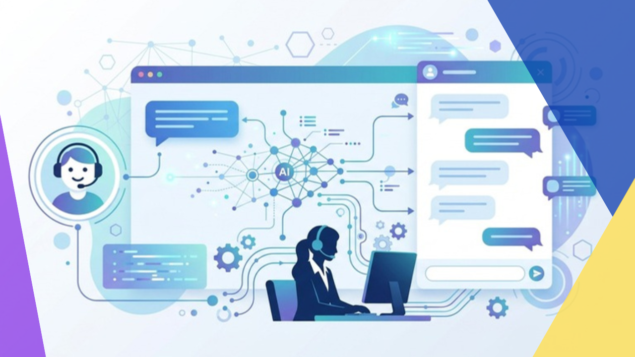 Illustration of AI customer service software connecting chatbots and automation to a human support agent