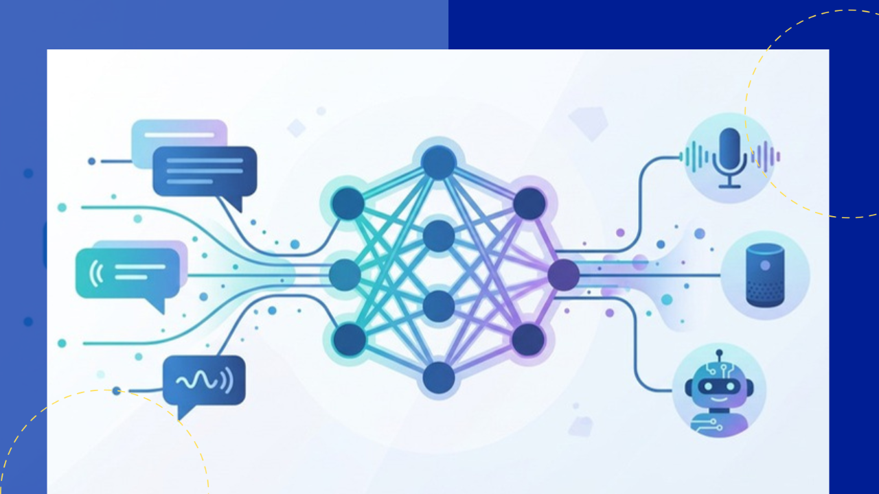 Illustration of conversational AI platforms linking chat and voice bubbles to a neural network
