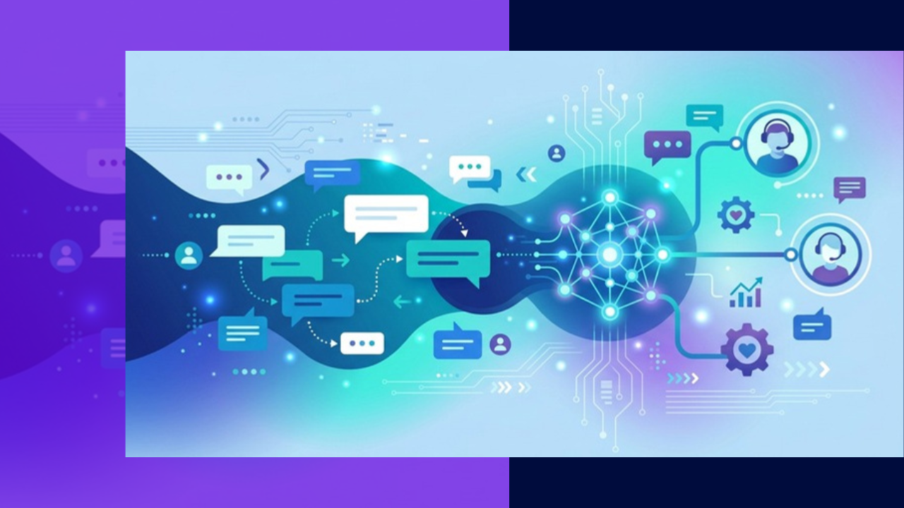 Illustration of AI chatbot platforms connecting customer messages to automated support systems