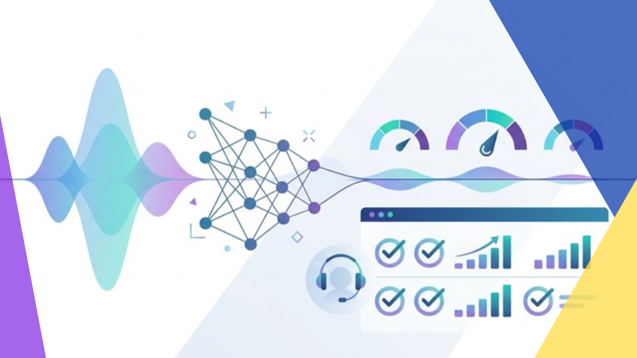 AI call quality assurance tools analyzing a voice waveform and scoring contact center conversations on a QA dashboard