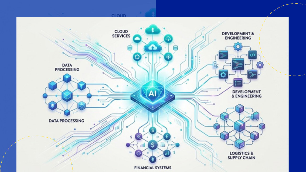 AI orchestration outsourcing diagram coordinating agents and data across multiple outsourcing vendors
