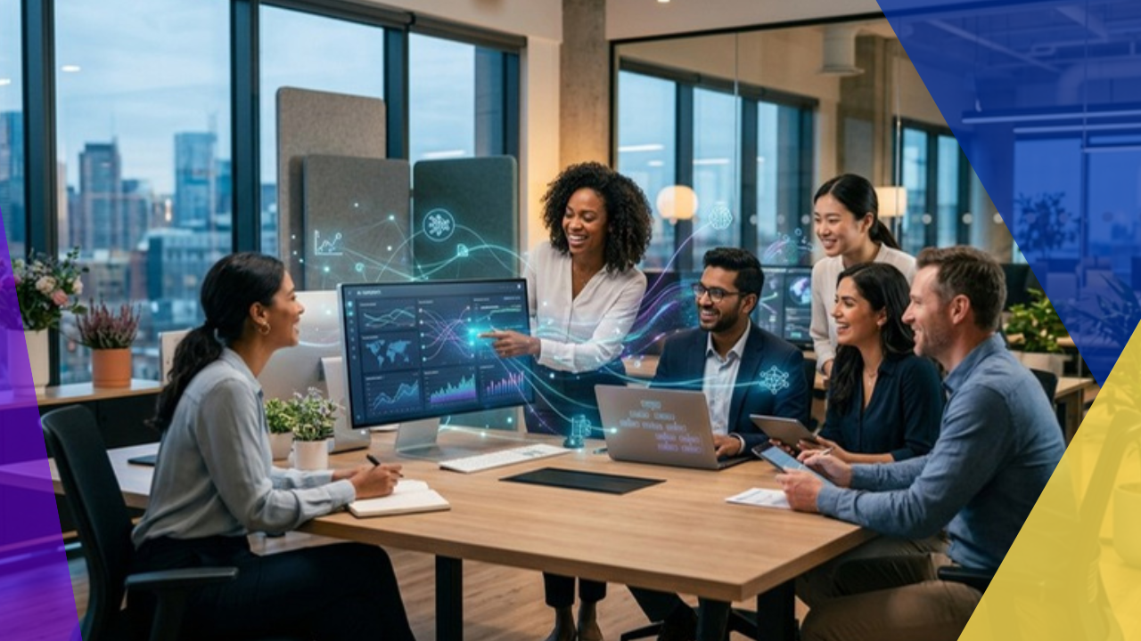 Professional team working alongside AI-integrated tools and screens in a modern office