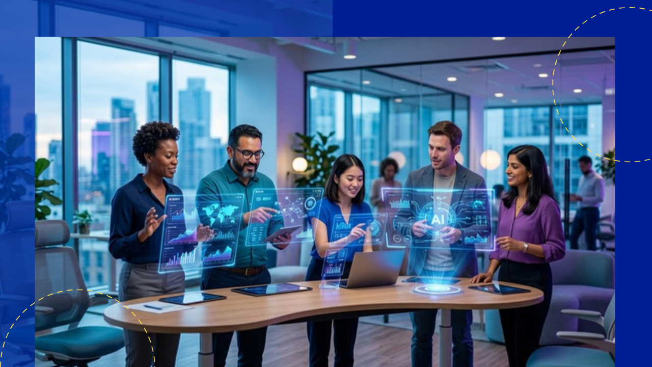 Professionals working alongside AI tools and data screens in a modern office