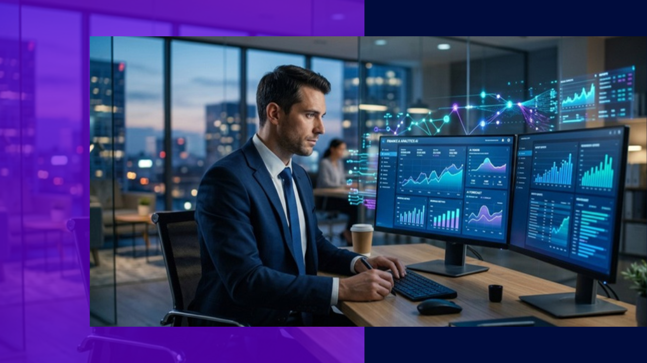 Accountant reviewing an AI-assisted finance dashboard for outsourced accounting