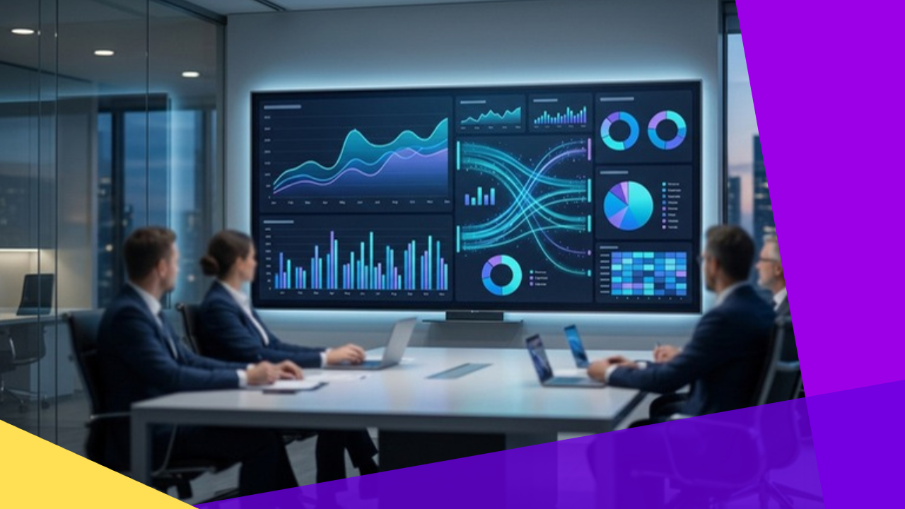 AI-powered financial reporting dashboard showing charts and data analytics on a screen