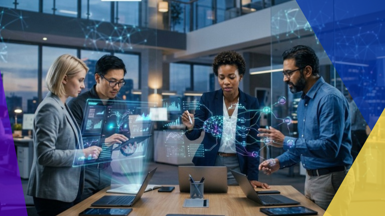 Professionals in a modern office using generative AI tools alongside abstract neural network and data visuals