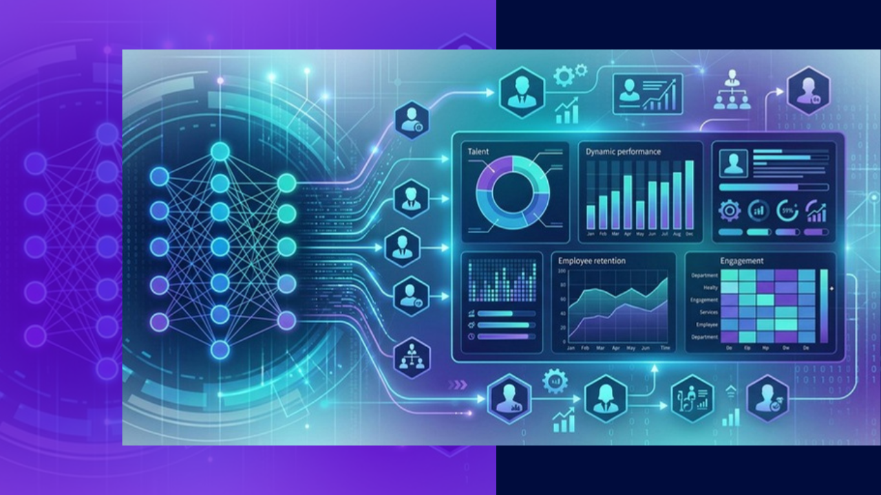 Abstract HR analytics dashboard showing machine learning charts for workforce data