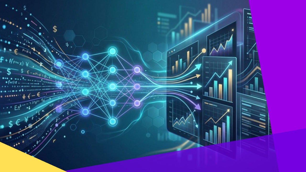 Machine learning concept connecting financial data, ledgers, and analytics dashboards for accounting