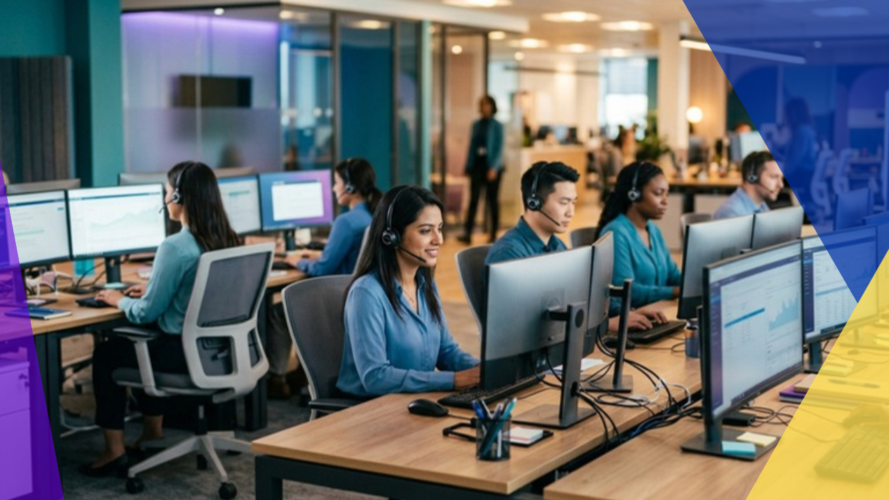 Offshore customer service support team working at headset-equipped workstations in a modern office