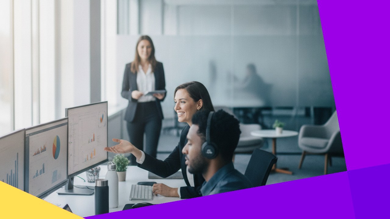 Business professionals review charts on monitors, highlighting virtual assistant services for business growth.
