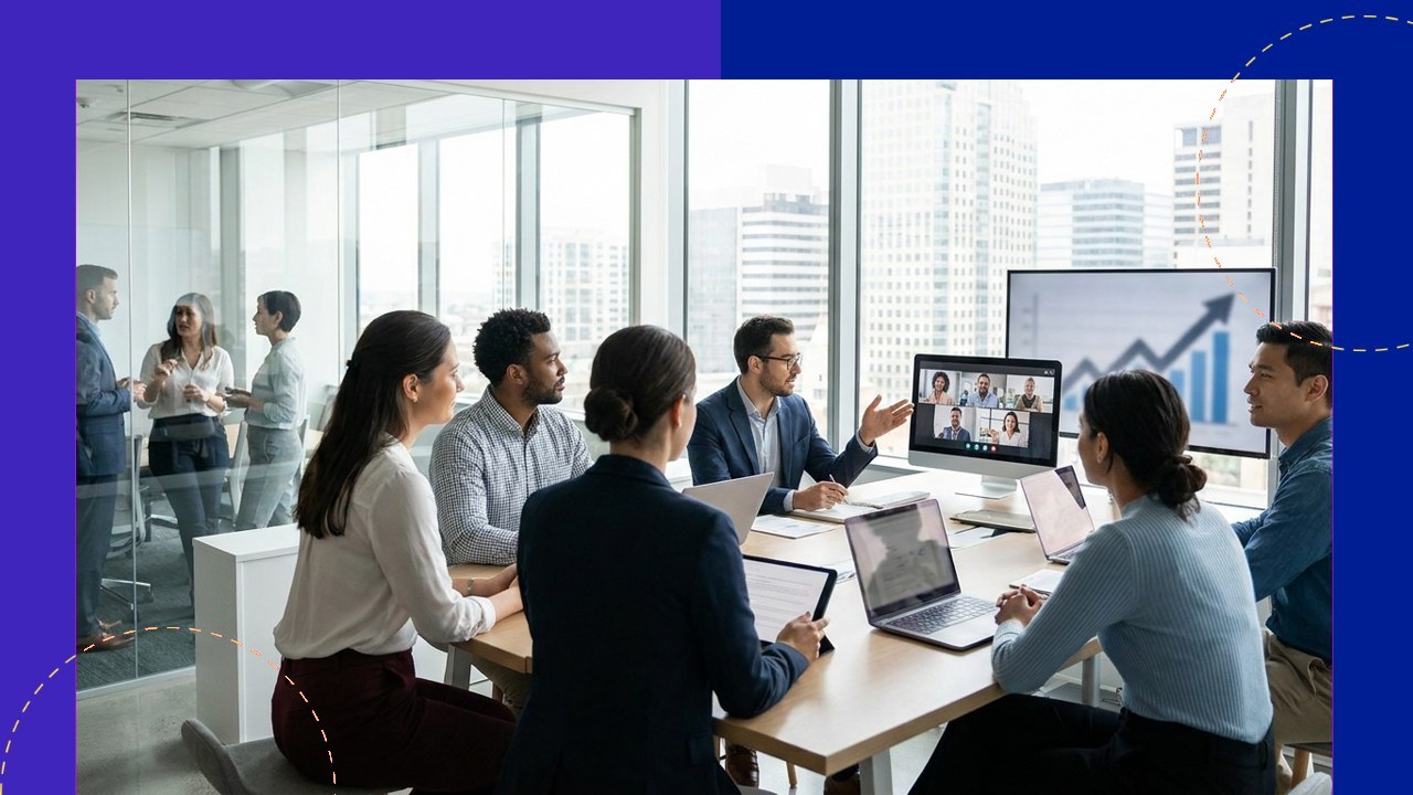 Diverse team meeting, video conference shows growth, benefits of outsourcing.