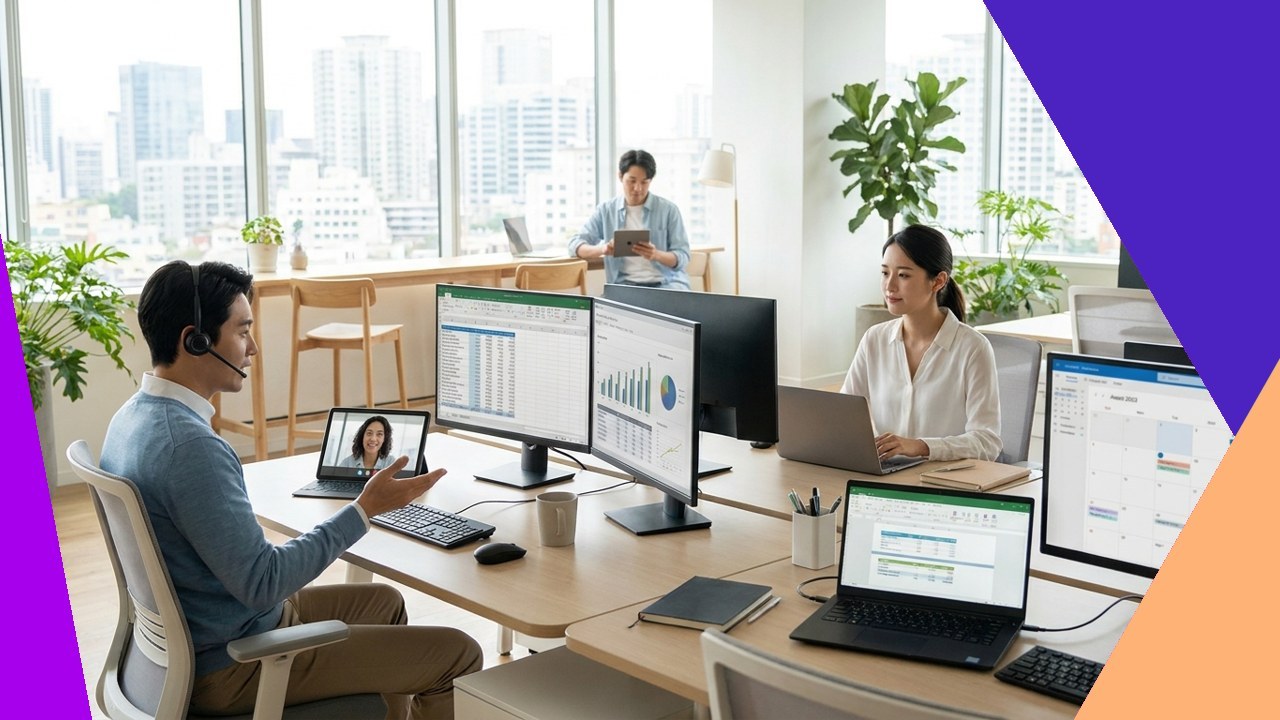 Virtual assistants handling bookkeeping tasks, with people working remotely and in office.