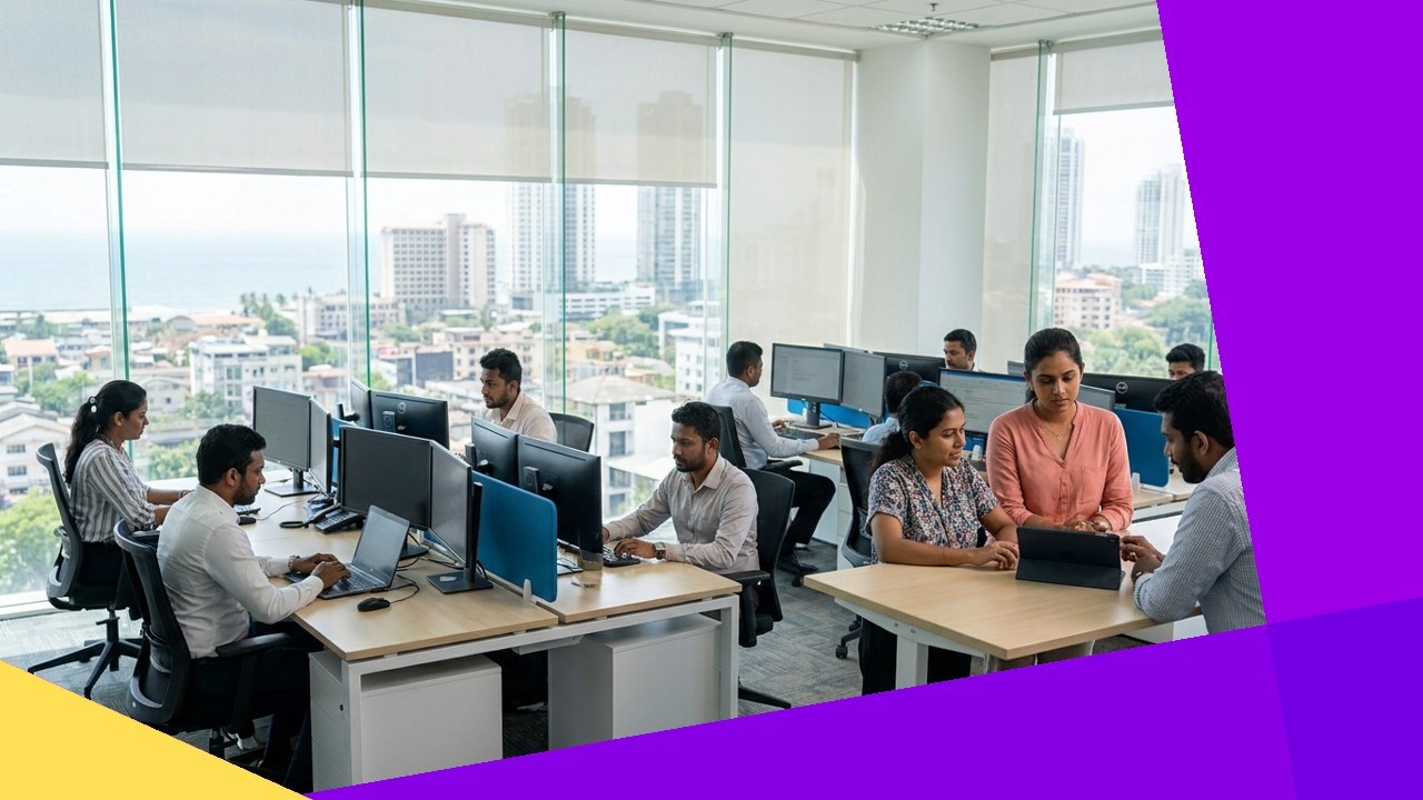 Sri Lanka BPO workforce, including Ascent Business Solutions, thrives in modern office with city views.