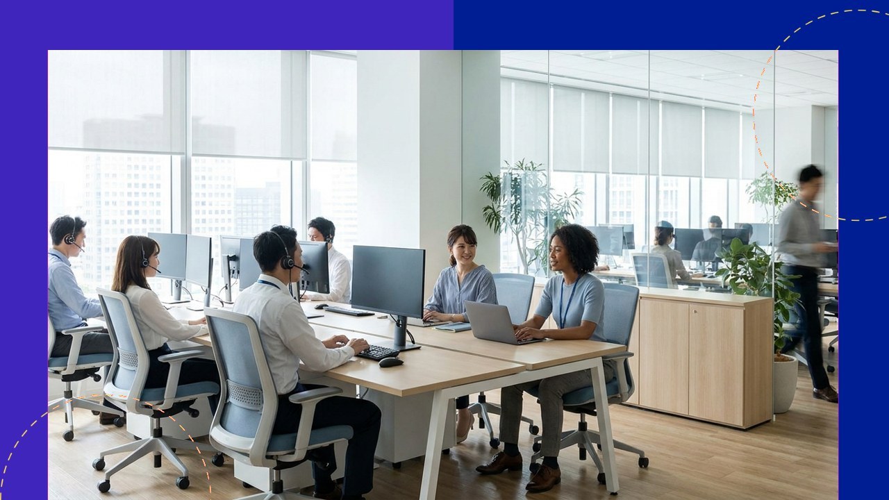 Infosearch BPO: Diverse team in a modern office, serving clients with BPO solutions.