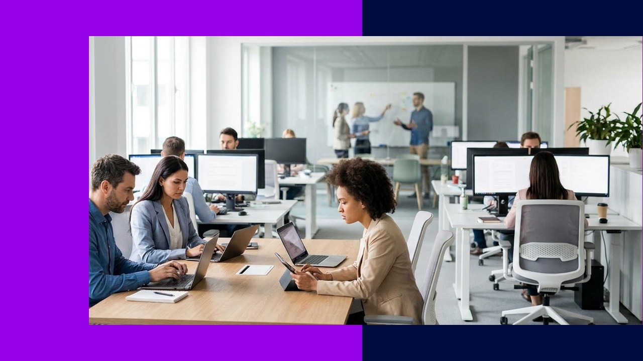 Office workers collaborating, boosting business process outsourcing efficiency.