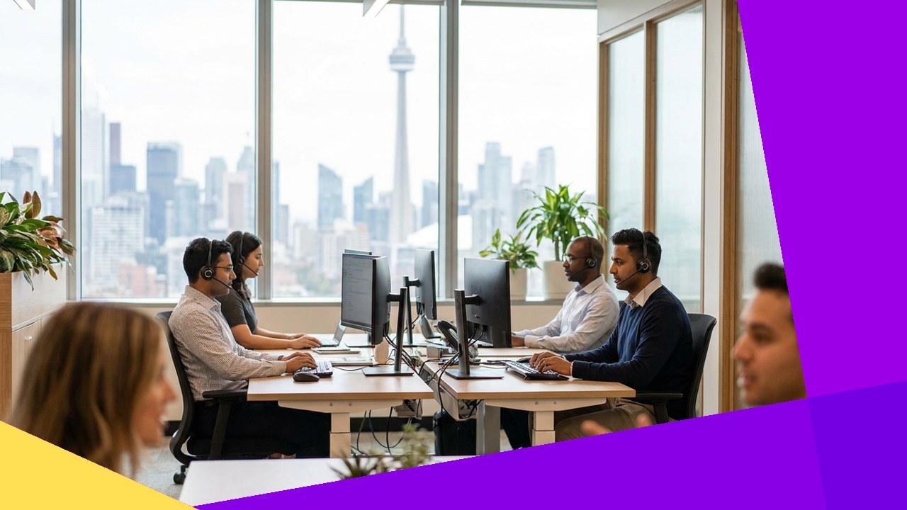 Call center agents working in Toronto, Canada office with cityscape view.