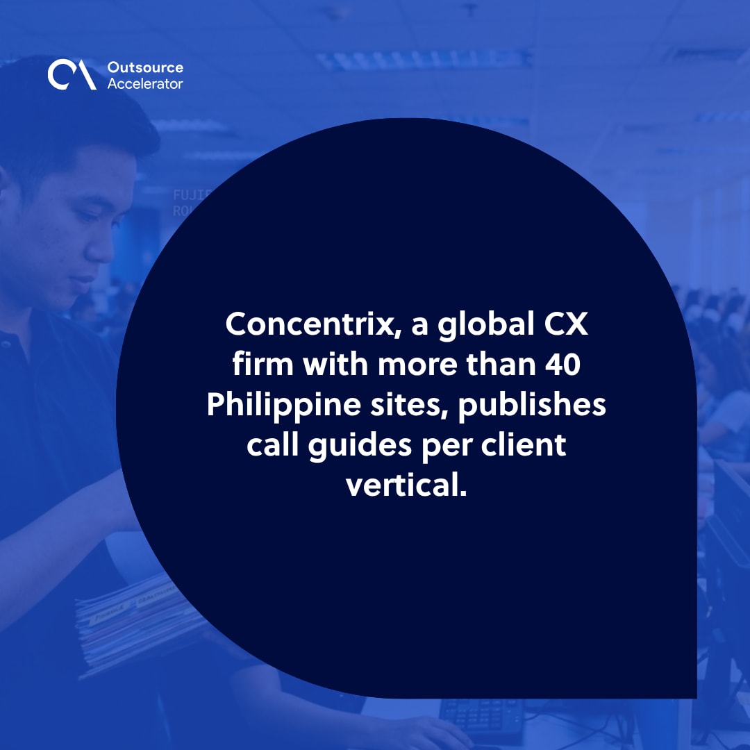 Call Guide - Filipino BPO team lead holding a printed client-vertical call guide binder on a Manila contact center floor with agent workstations behind