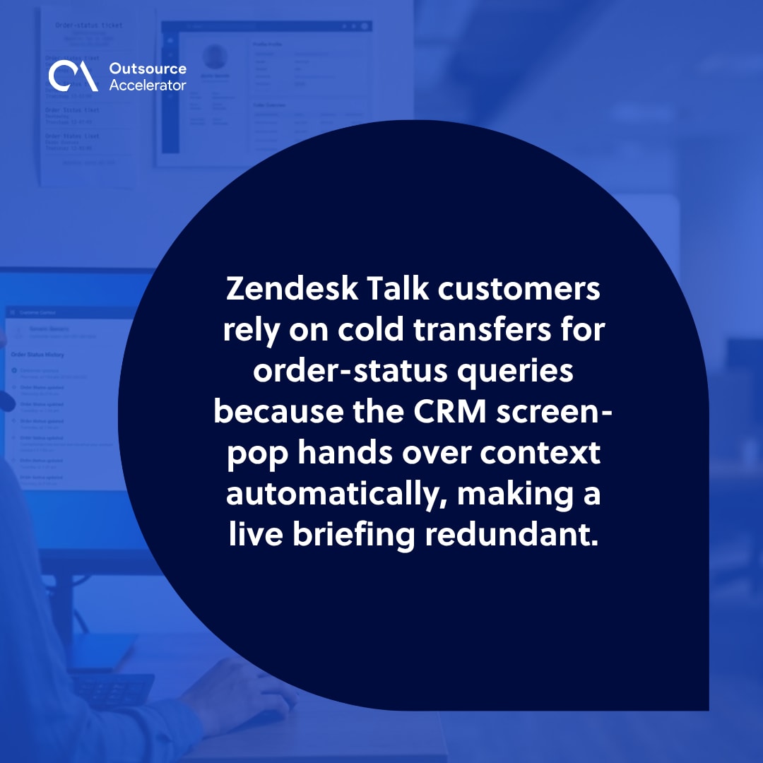 Call Transfer - customer support agent on headset at helpdesk workstation with CRM screen-pop showing order-status history on monitor, subject anchored left